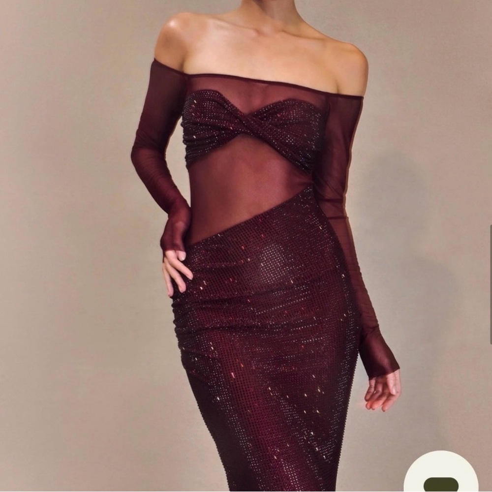 Meshki Burgundy Diamante Off Shoulder Maxi Dress - Mahogany - Picture 2 of 6